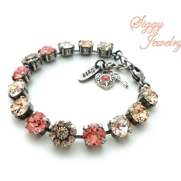 Austrian Crystal Tennis Bracelet with Flower Embellishments in Peachy Colors - Picture 5 of 8